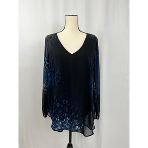 Juicy Couture High/Low Animal Print Sheer tunic, lined. Blue/grey/black Sz Large